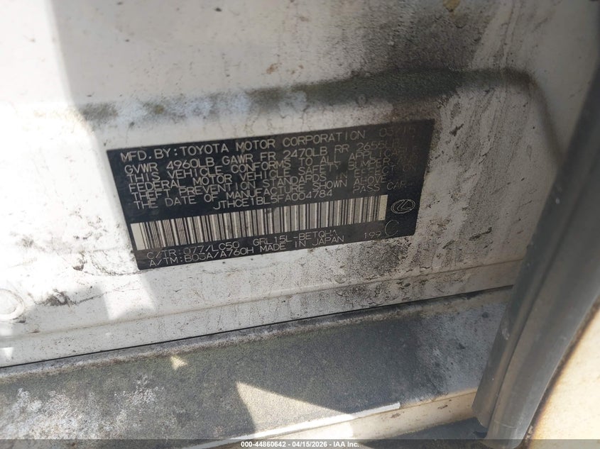 2015 Lexus Gs 350 VIN: JTHCE1BL5FA004784 Lot: 44860642