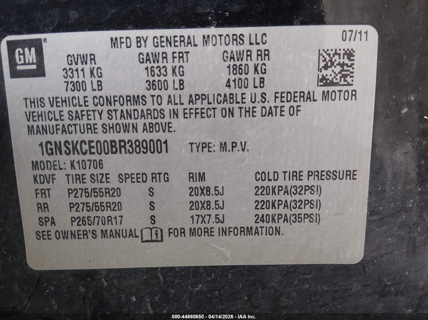 2011 Chevrolet Tahoe Ltz VIN: 1GNSKCE00BR389001 Lot: 44860650