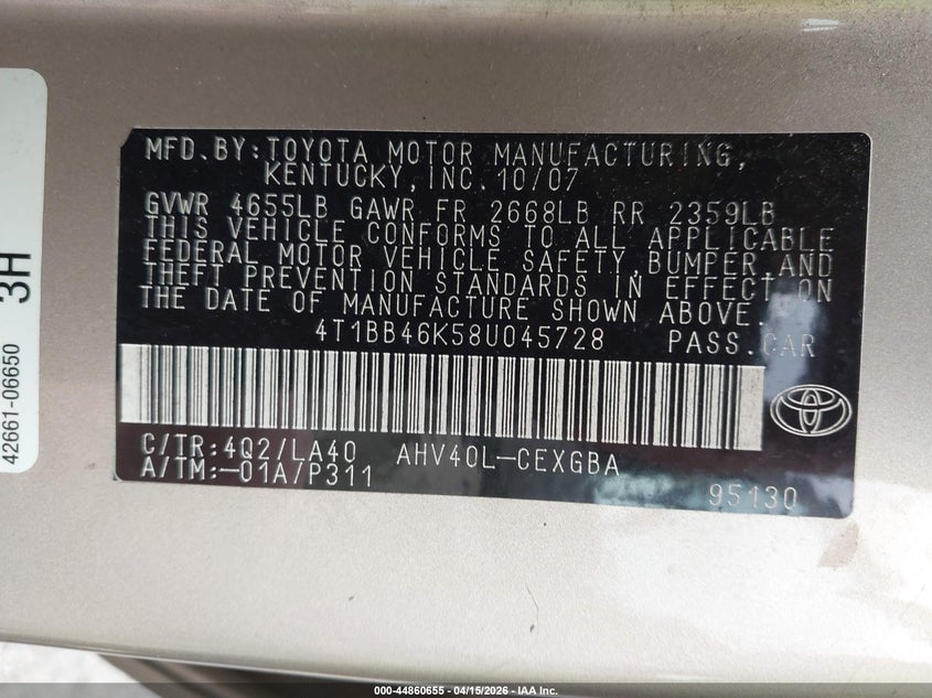 2008 Toyota Camry Hybrid VIN: 4T1BB46K58U045728 Lot: 44860655