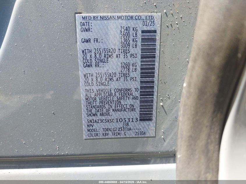 2025 Nissan Murano Sl VIN: 5N1AZ3CSXSC105313 Lot: 44860688