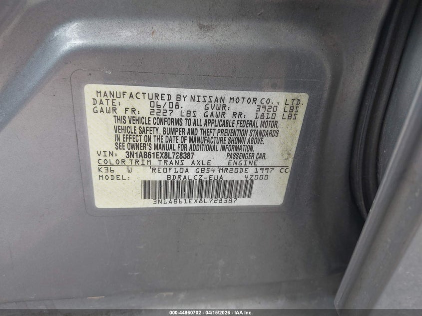 2008 Nissan Sentra 2.0 VIN: 3N1AB61EX8L728387 Lot: 44860702
