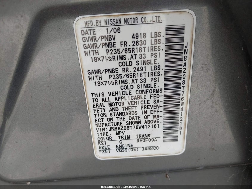 2006 Nissan Murano Sl VIN: JN8AZ08T76W412161 Lot: 44860708
