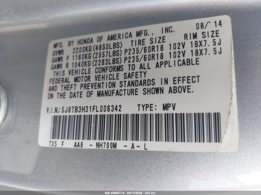 2015 Acura Rdx VIN: 5J8TB3H31FL006342 Lot: 44860714