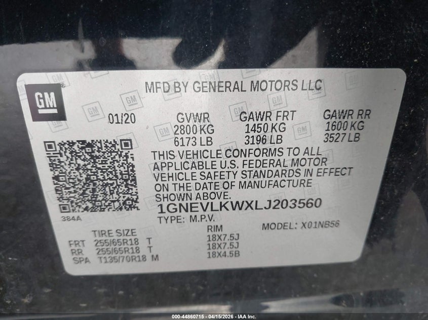 2020 Chevrolet Traverse Awd 1Fl VIN: 1GNEVLKWXLJ203560 Lot: 44860715