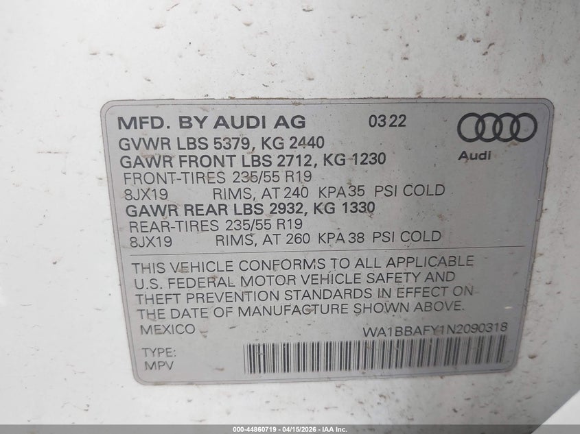 2022 Audi Q5 Premium Plus 40 Tfsi Quattro S Tronic VIN: WA1BBAFY1N2090318 Lot: 44860719