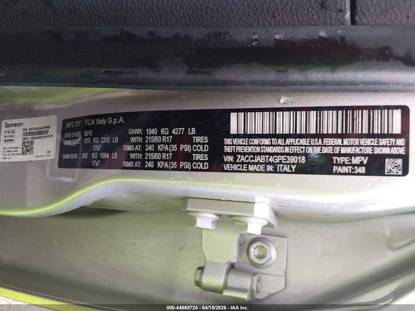 2016 Jeep Renegade Latitude VIN: ZACCJABT4GPE39018 Lot: 44860724