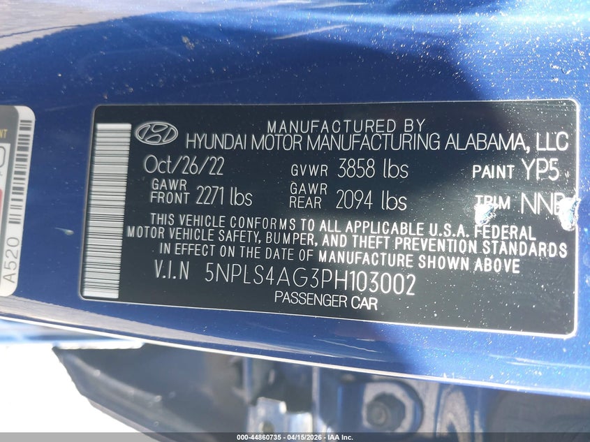 2023 Hyundai Elantra Sel VIN: 5NPLS4AG3PH103002 Lot: 44860735