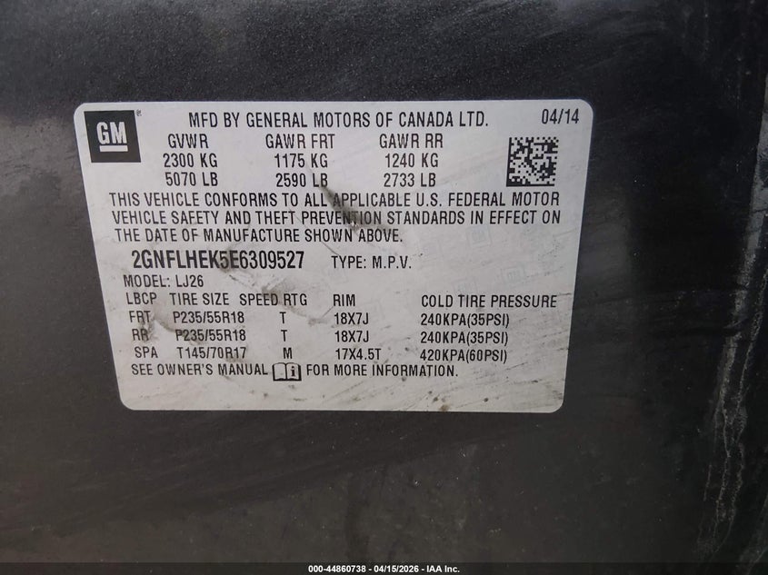 2014 Chevrolet Equinox Ltz VIN: 2GNFLHEK5E6309527 Lot: 44860738