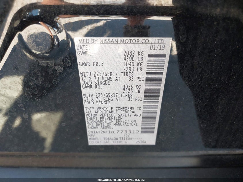 2019 Nissan Rogue Sv VIN: 5N1AT2MT1KC773312 Lot: 44860750