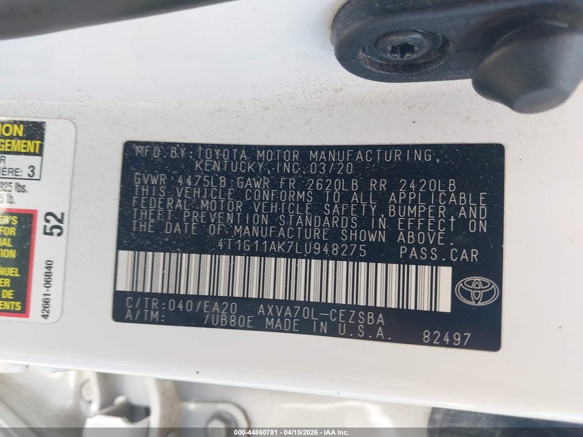 2020 Toyota Camry Se VIN: 4T1G11AK7LU948275 Lot: 44860781
