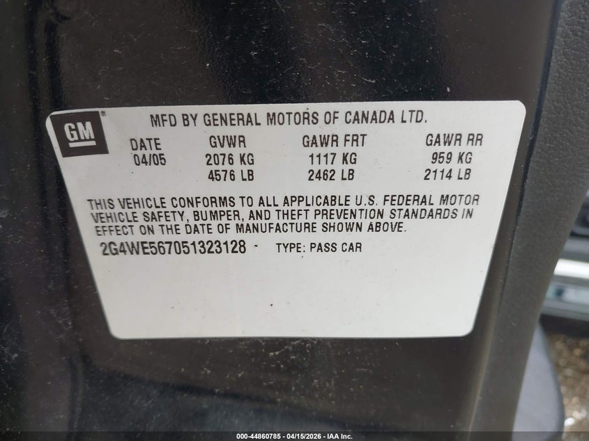 2005 Buick Lacrosse Cxs VIN: 2G4WE567051323128 Lot: 44860785