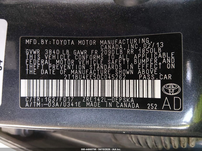 2013 Toyota Corolla 1.8 S Grey Lot 111044860786 Vin 2T1BU4EE5DC045262