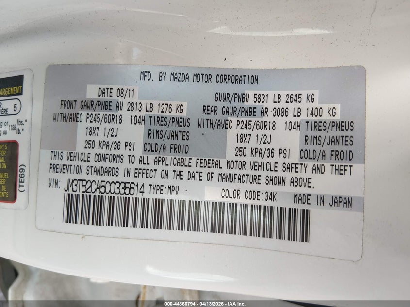 2012 Mazda Cx-9 Touring VIN: JM3TB2CA5C0335614 Lot: 44860794