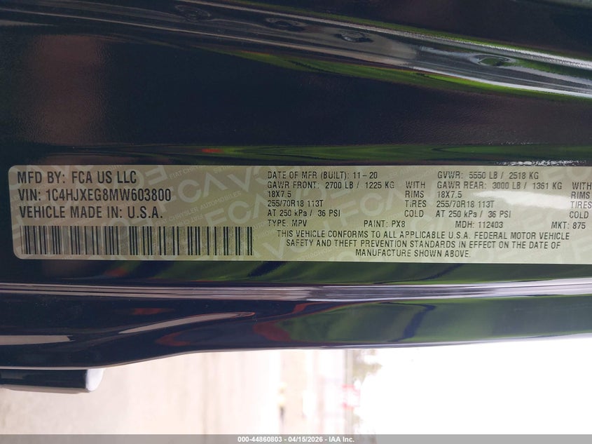 2021 Jeep Wrangler Unlimited Sahara 4X4 VIN: 1C4HJXEG8MW603800 Lot: 44860803