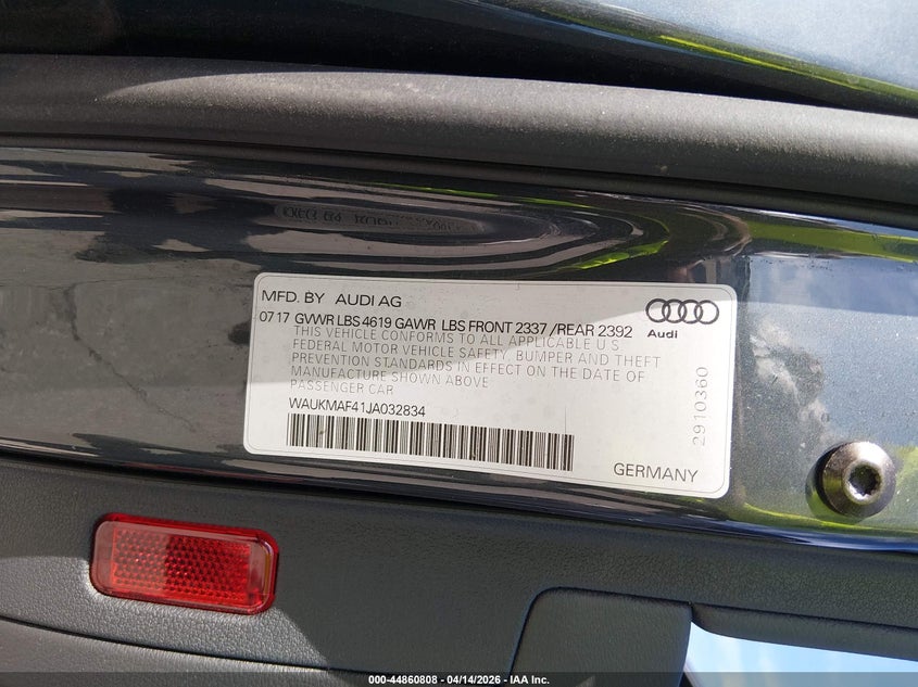 2018 Audi A4 2.0 2.0T Tech Ultra Premium/2.0T Ultra Premium grey Lot 111044860808 Vin WAUKMAF41JA032834
