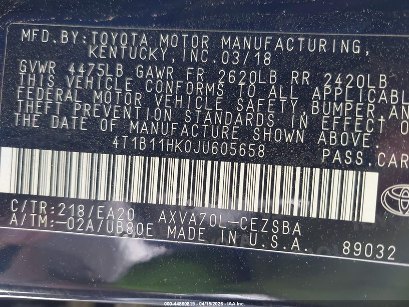 2018 Toyota Camry Se VIN: 4T1B11HK0JU605658 Lot: 44860819