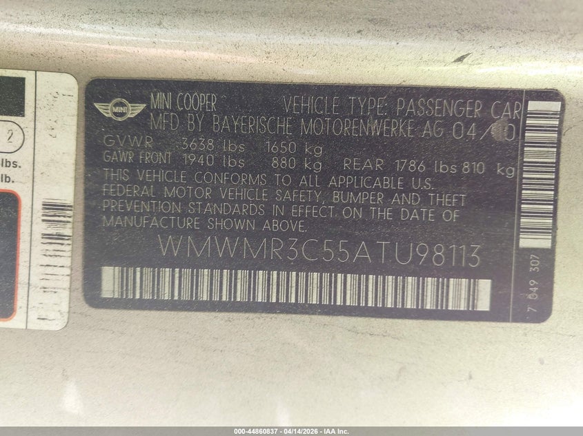 2010 Mini Cooper VIN: WMWMR3C55ATU98113 Lot: 44860837