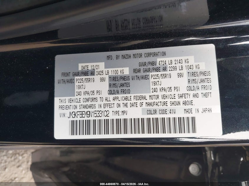 2022 Mazda Cx-5 2.5 2.5 S Premium Plus Black Lot 111044860870 Vin JM3KFBEM9N1533102