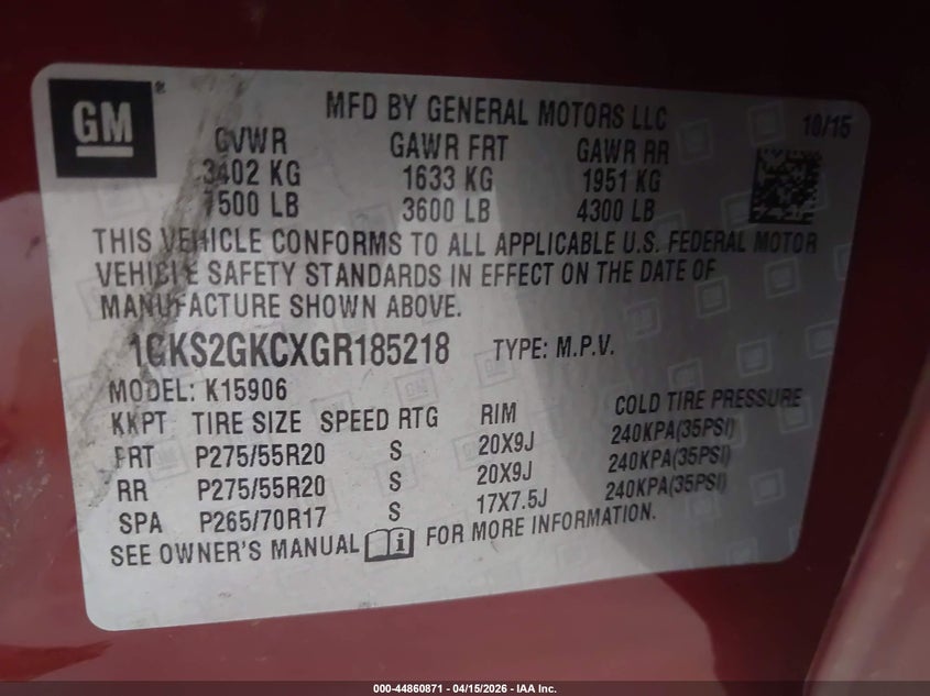 2016 GMC Yukon Xl Slt VIN: 1GKS2GKCXGR185218 Lot: 44860871