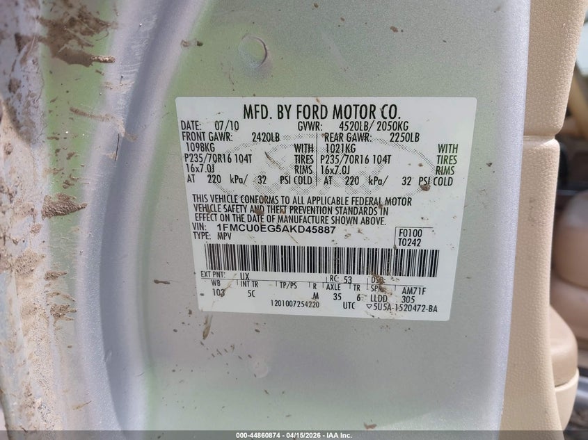 2010 Ford Escape Limited VIN: 1FMCU0EG5AKD45887 Lot: 44860874