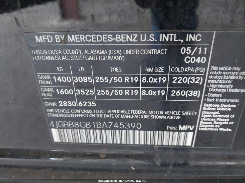 2011 Mercedes-Benz Ml 350 4Matic VIN: 4JGBB8GB1BA745390 Lot: 44860890