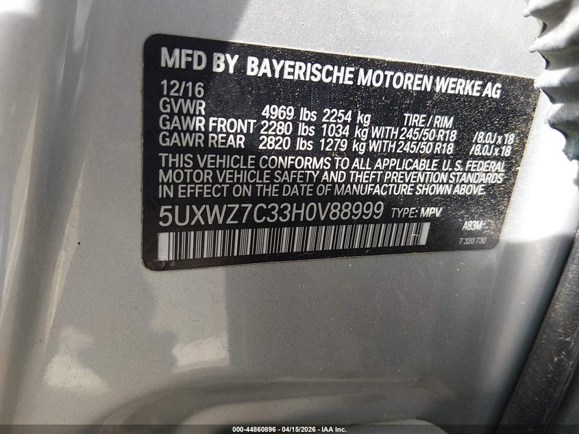 2017 BMW X3 Sdrive28I VIN: 5UXWZ7C33H0V88999 Lot: 44860896