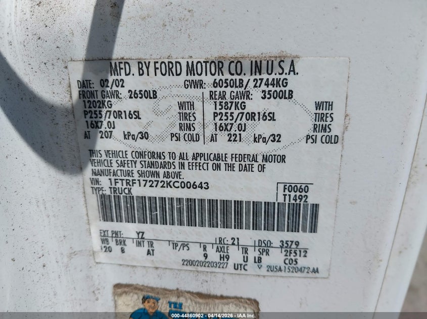 2002 Ford F-150 Xl/Xlt VIN: 1FTRF17272KC00643 Lot: 44860902