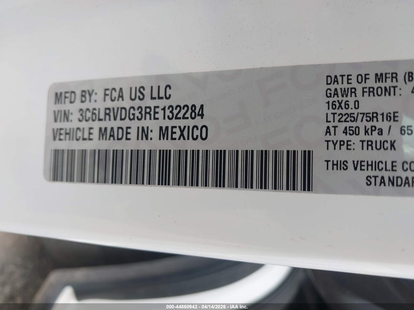 2024 Ram Promaster 2500 Tradesman High Roof 159 Wb W/Pass Seat VIN: 3C6LRVDG3RE132284 Lot: 44860942