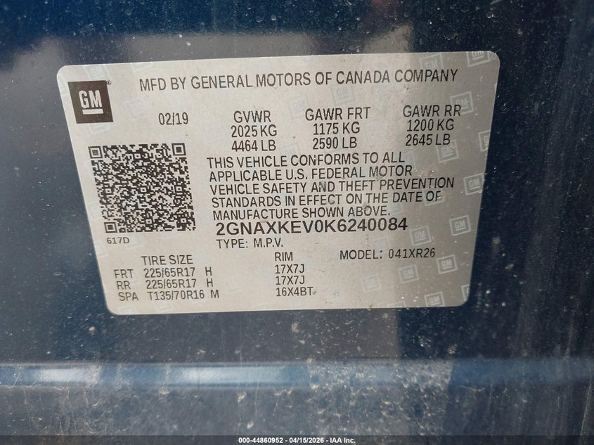 2019 Chevrolet Equinox Lt VIN: 2GNAXKEV0K6240084 Lot: 44860952