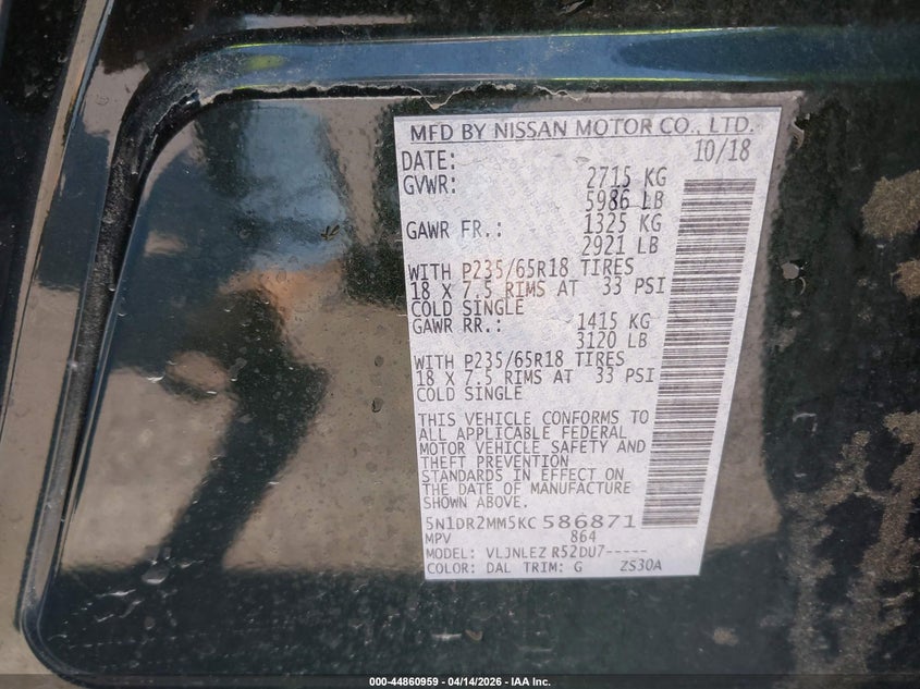 2019 Nissan Pathfinder Sv VIN: 5N1DR2MM5KC586871 Lot: 44860959