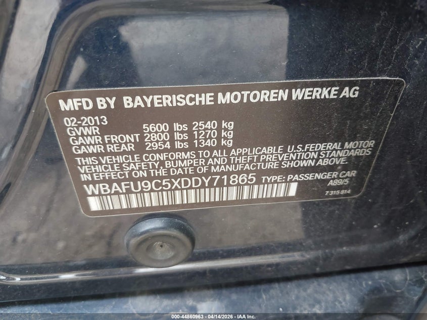2013 BMW 550I xDrive VIN: WBAFU9C5XDDY71865 Lot: 44860963