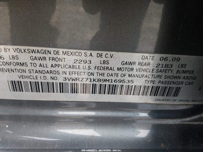 2009 Volkswagen Jetta Se VIN: 3VWRZ71K89M169535 Lot: 44860973