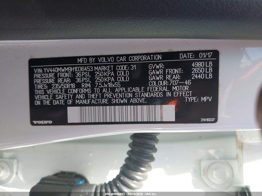 2017 Volvo V60 Cross Country T5 Platinum VIN: YV440MWM9H1036453 Lot: 44860982