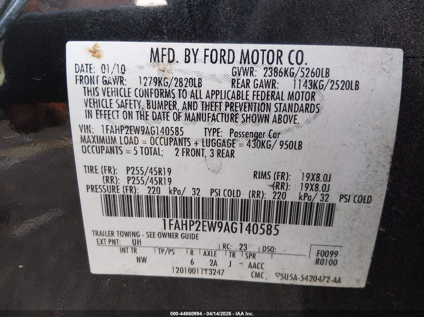 2010 Ford Taurus Sel VIN: 1FAHP2EW9AG140585 Lot: 44860994