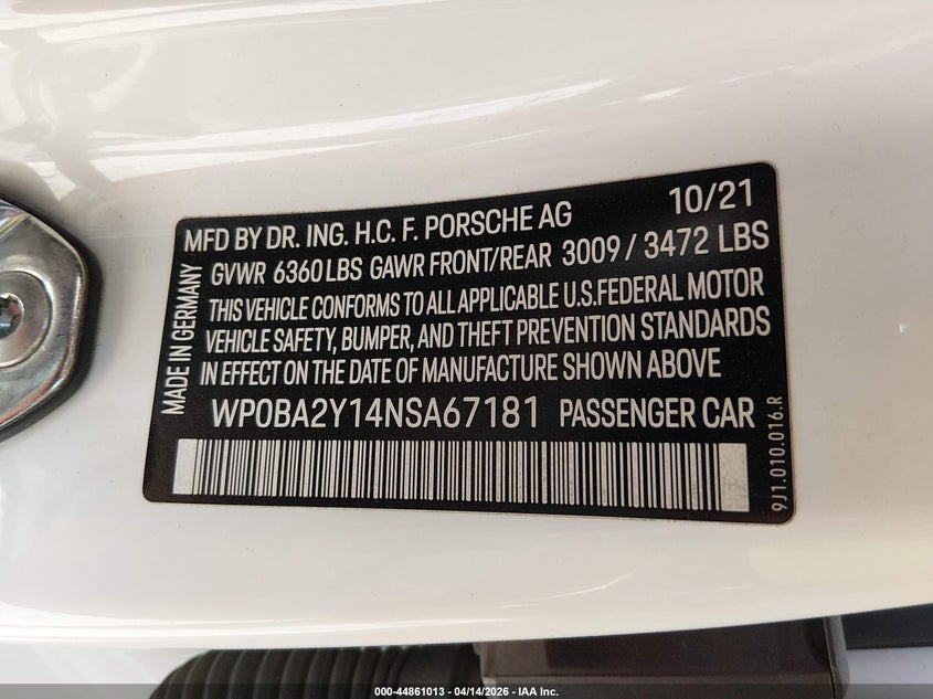 2022 Porsche Taycan Cross Turismo 4 White Lot 111044861013 Vin WP0BA2Y14NSA67181