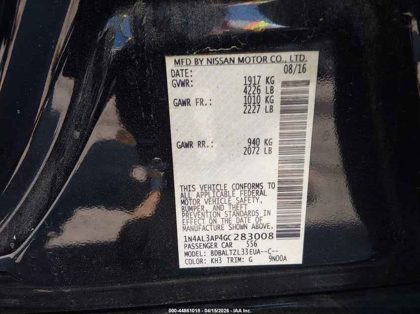 2016 Nissan Altima 2.5 Sl VIN: 1N4AL3AP4GC283008 Lot: 44861018