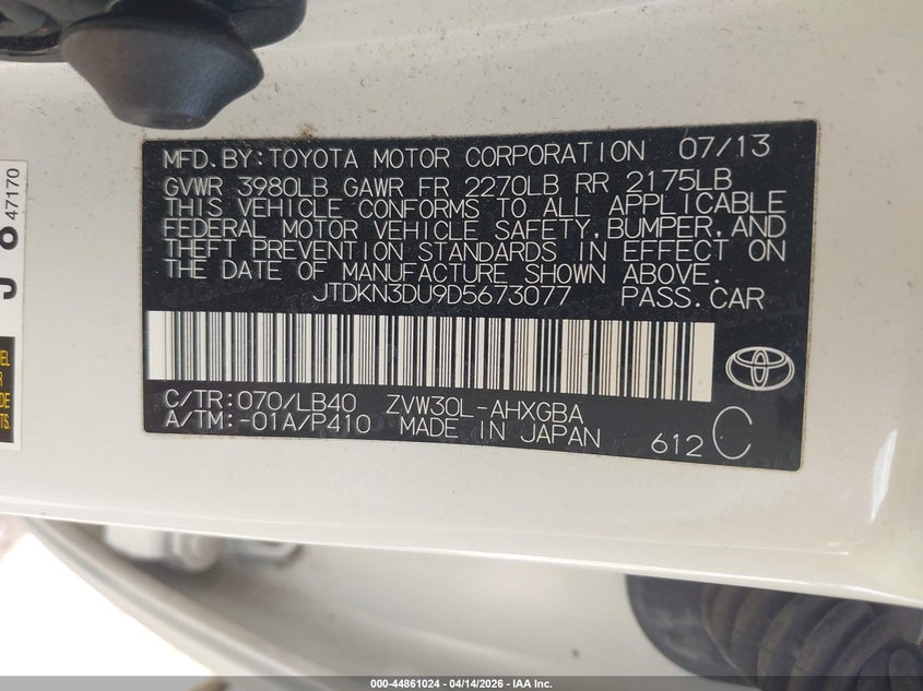 2013 Toyota Prius Four VIN: JTDKN3DU9D5673077 Lot: 44861024