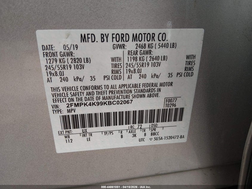 2019 Ford Edge Titanium VIN: 2FMPK4K99KBC02067 Lot: 44861051