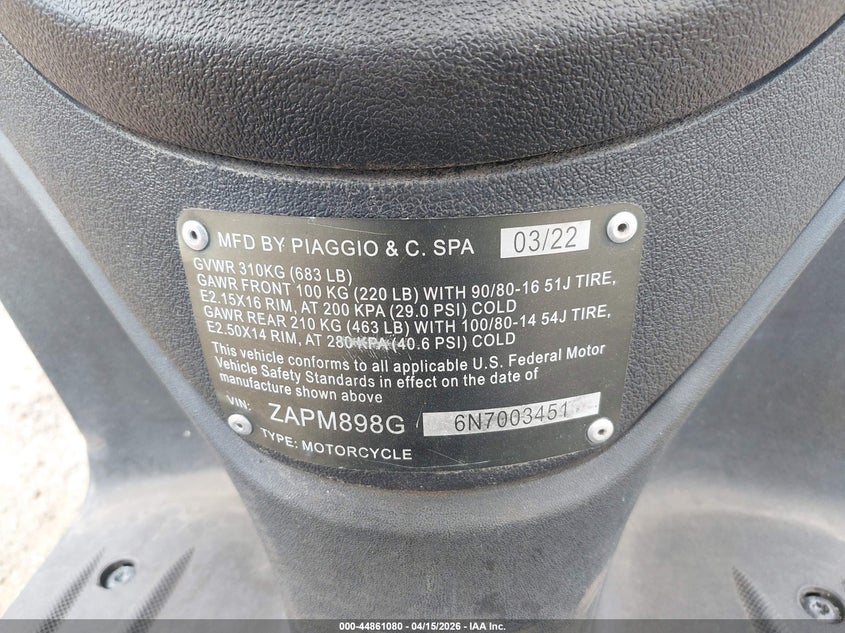2022 Piaggio Liberty 150/150 S/150 Baci Perugina VIN: ZAPM898G6N7003451 Lot: 44861080