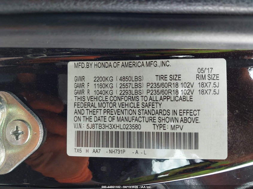 2017 Acura Rdx Acurawatch Plus Package VIN: 5J8TB3H3XHL023580 Lot: 44861102