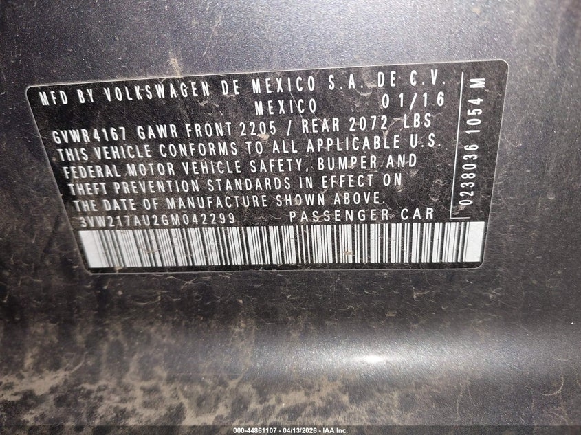 2016 Volkswagen Golf Tsi S 4-Door VIN: 3VW217AU2GM042299 Lot: 44861107