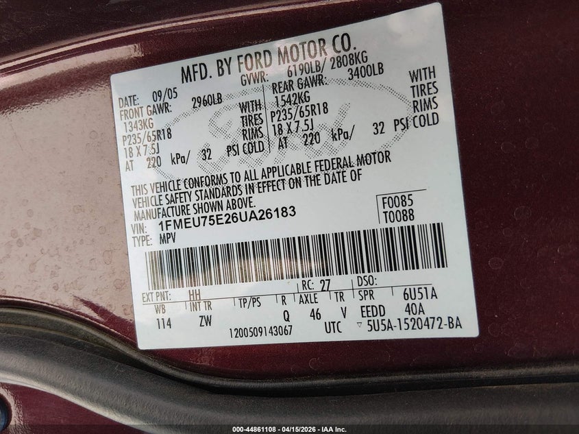 2006 Ford Explorer Limited VIN: 1FMEU75E26UA26183 Lot: 44861108