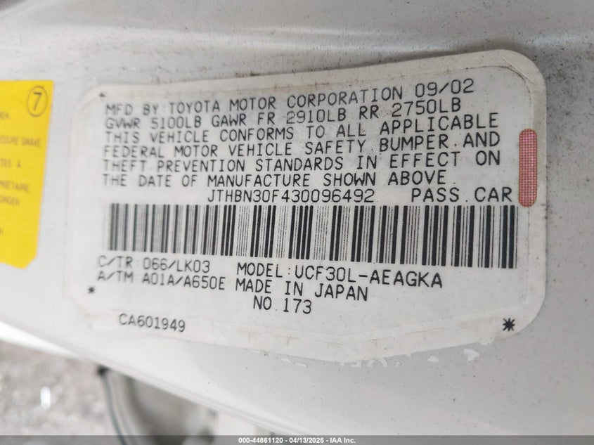 2003 Lexus Ls 430 VIN: JTHBN30F430096492 Lot: 44861120