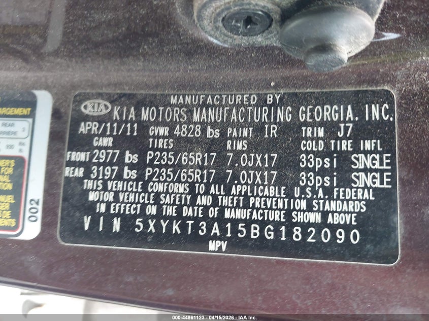 2011 Kia Sorento Lx VIN: 5XYKT3A15BG182090 Lot: 44861123