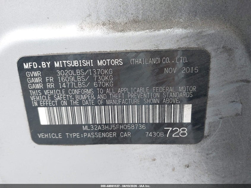 2015 Mitsubishi Mirage 1.2 De/Rf silver Lot 111044861127 Vin ML32A3HJ5FH058736