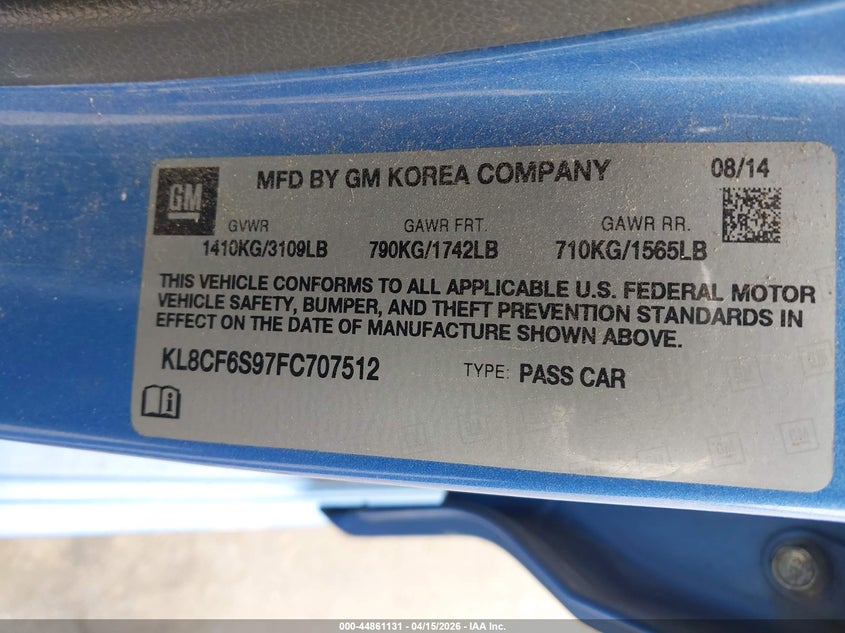 2015 Chevrolet Spark 2Lt Cvt VIN: KL8CF6S97FC707512 Lot: 44861131