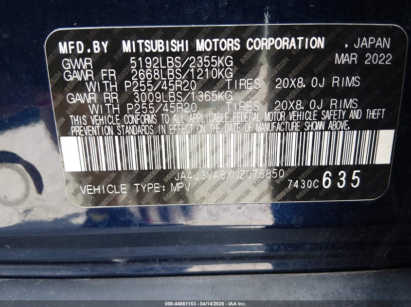 2022 Mitsubishi Outlander Sel 2.5 2Wd/Sel Special Edition 2Wd VIN: JA4J3VA8XNZ075850 Lot: 44861153