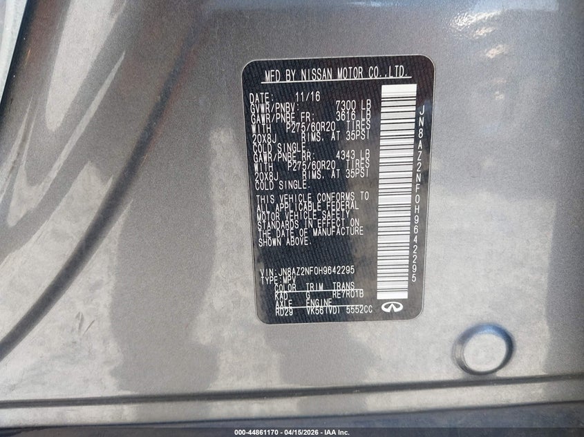 2017 Infiniti Qx80 VIN: JN8AZ2NF0H9642295 Lot: 44861170