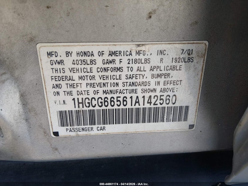 2001 Honda Accord 2.3 Lx VIN: 1HGCG66561A142560 Lot: 44861174