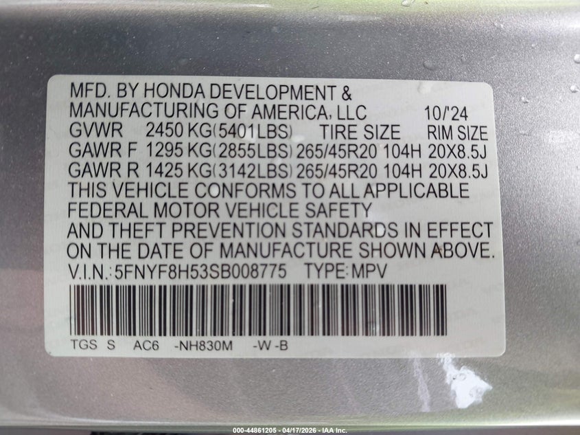 2025 Honda Passport Ex-L VIN: 5FNYF8H53SB008775 Lot: 44861205